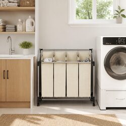 Laundry Sorter 4 Bags Cream Steel Frame Wheels Handles Dirty Clothes Organizer
