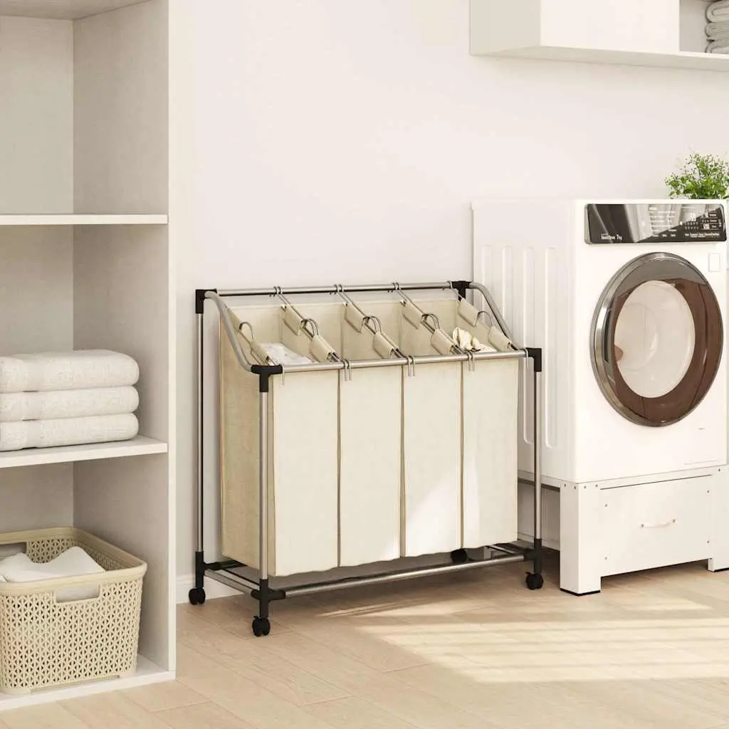 Laundry Sorter Dirty Clothes Organizer 4 Bags Cream Steel Frame Wheels