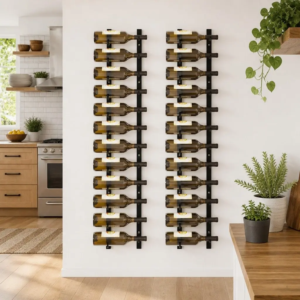 Wall Mounted Wine Rack Storage Organiser Set of 2 Black Iron 12 Bottles