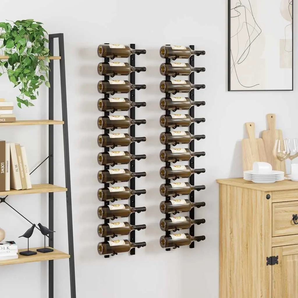 Wall Mounted Wine Rack Storage Organiser Set of 2 Black Iron 12 Bottles
