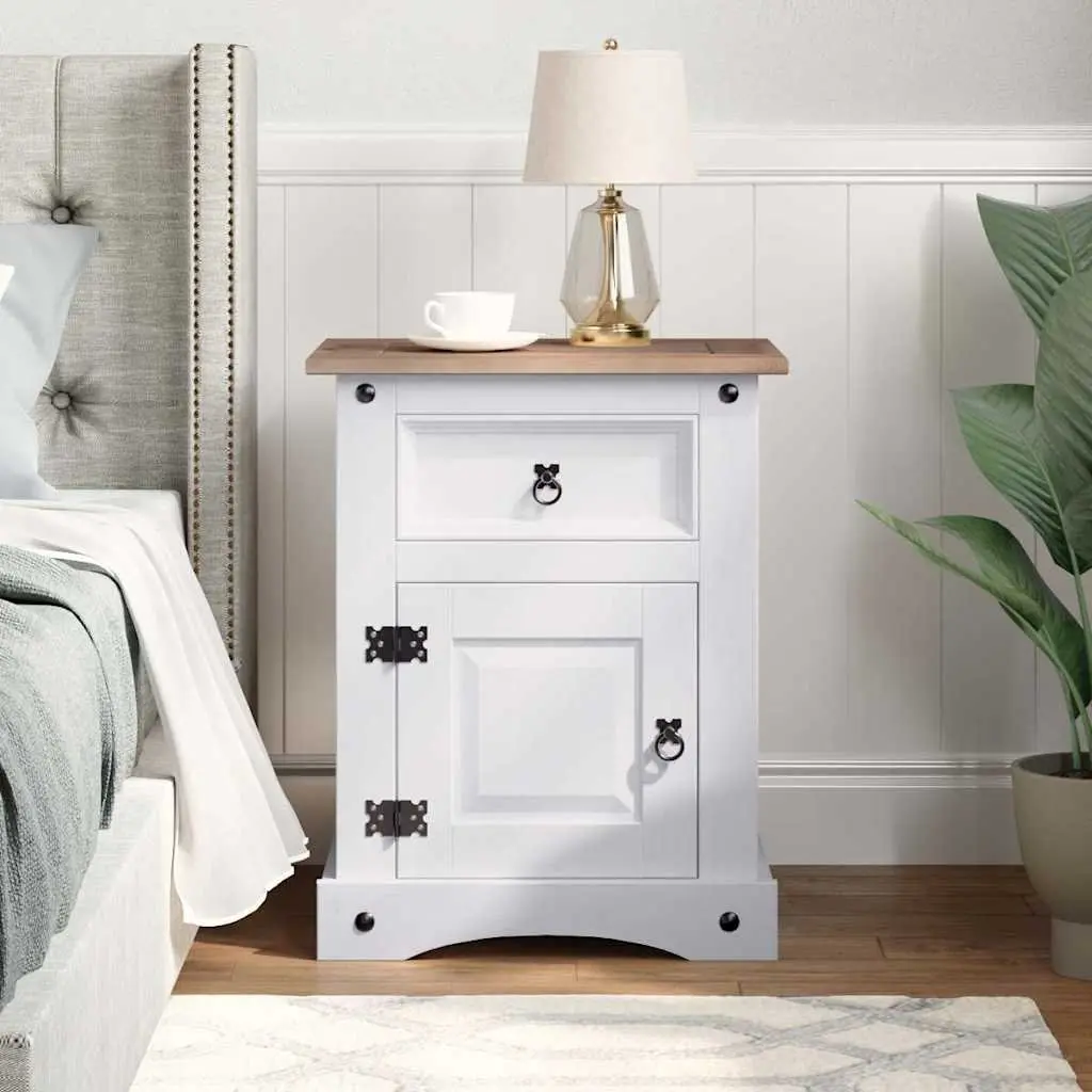Bedside Cabinet Storage White Wooden Nightstand 53W x 39D x 67H cm Mexican Corona Style