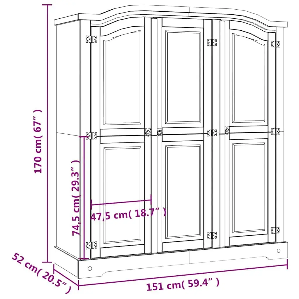 Wooden Wardrobe Storage Armoire 3-Door White Pine Cabinet Bedroom