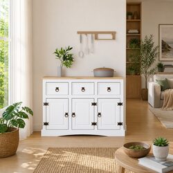 White Sideboard with Storage Solutions in Solid Pinewood