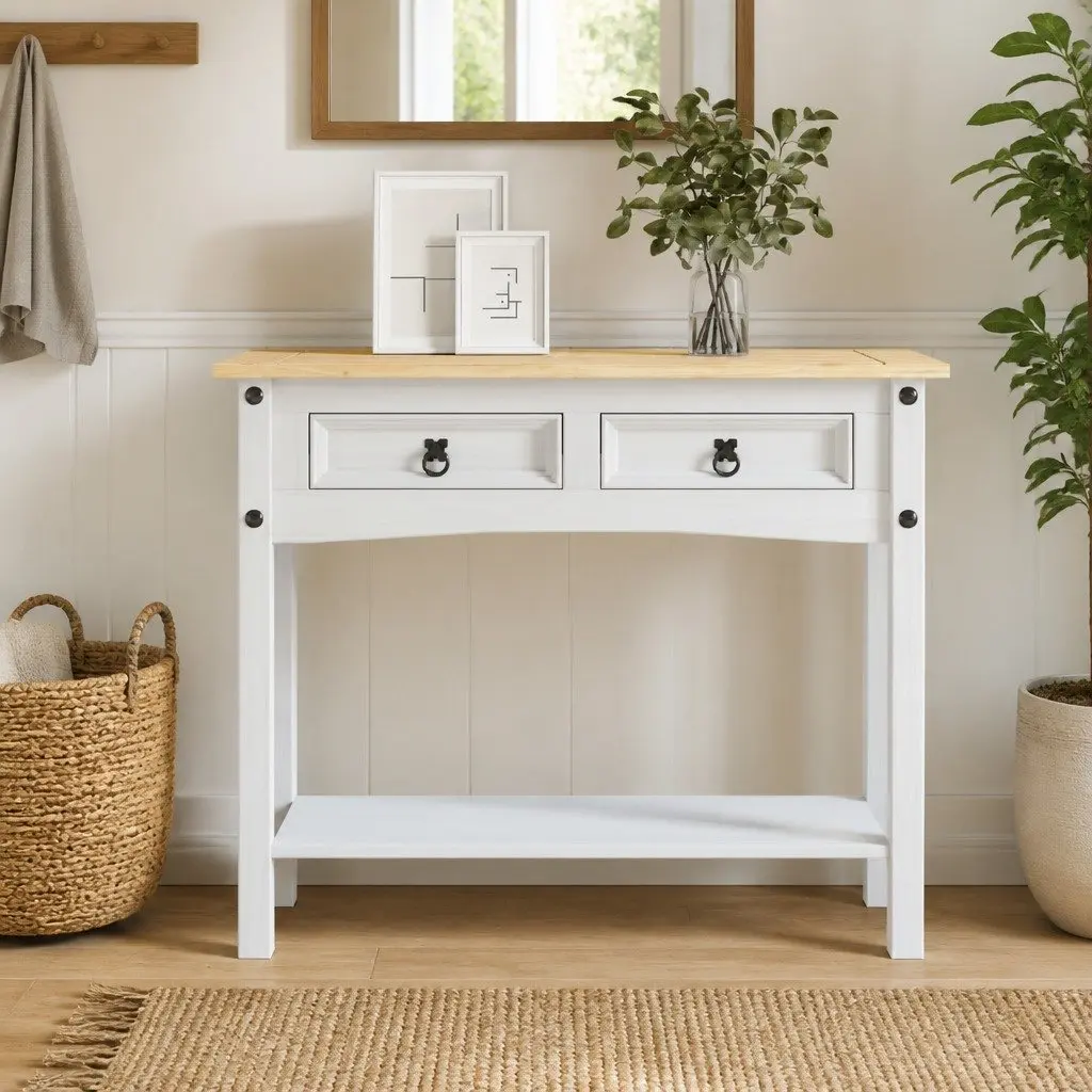 Console Table White Mexican Corona Style 2 Drawers 1 Shelf Storage