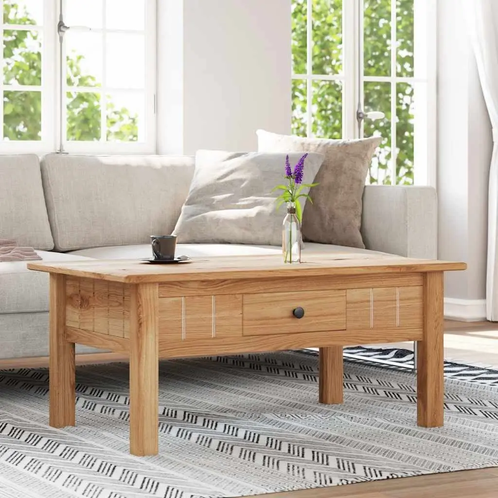 Solid Pine Wood Coffee Table with Drawer Brown Accent Furniture Living Room