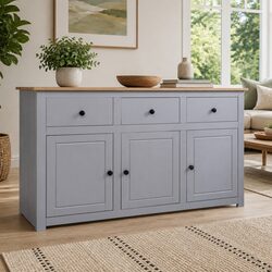 Solid Pinewood Sideboard Grey Storage Cabinet 3 Drawer Buffet Cupboard Display