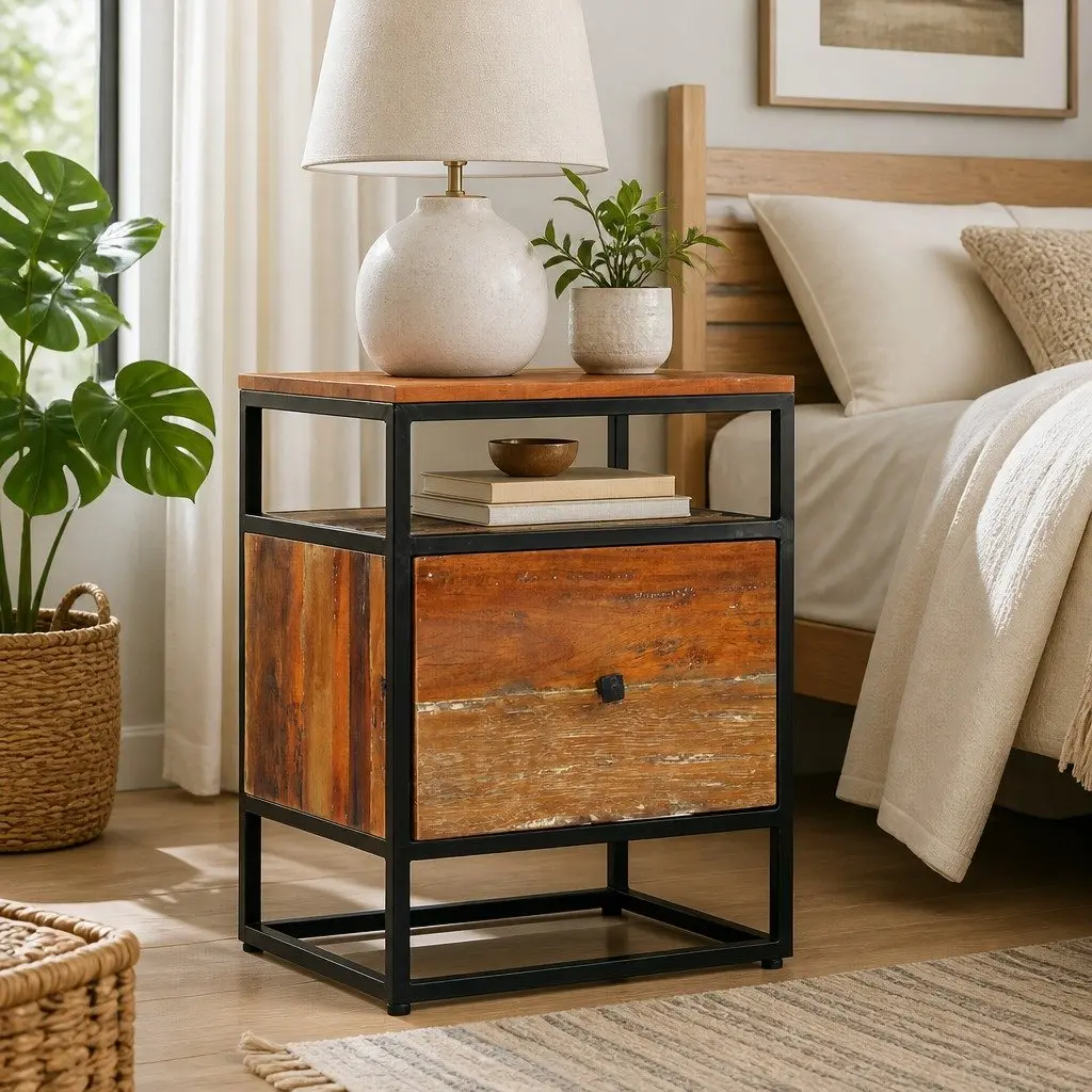 Bedside Cabinet Solid Reclaimed Wood Nightstand 40x30x50cm Brown Steel Frame
