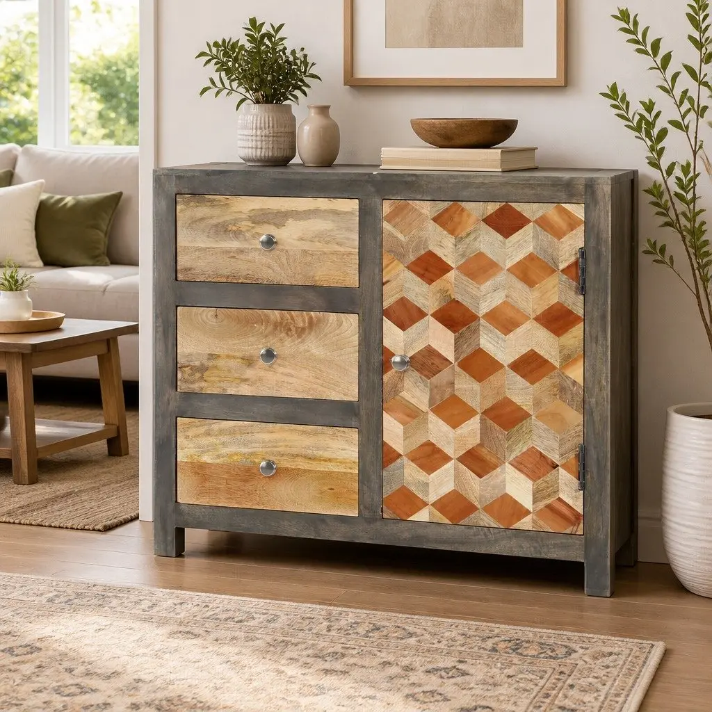 Solid Mango Wood Side Cabinet with Ample Storage