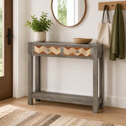 Console Table Grey 86x30x76cm Solid Mango Wood with Shelf Drawers