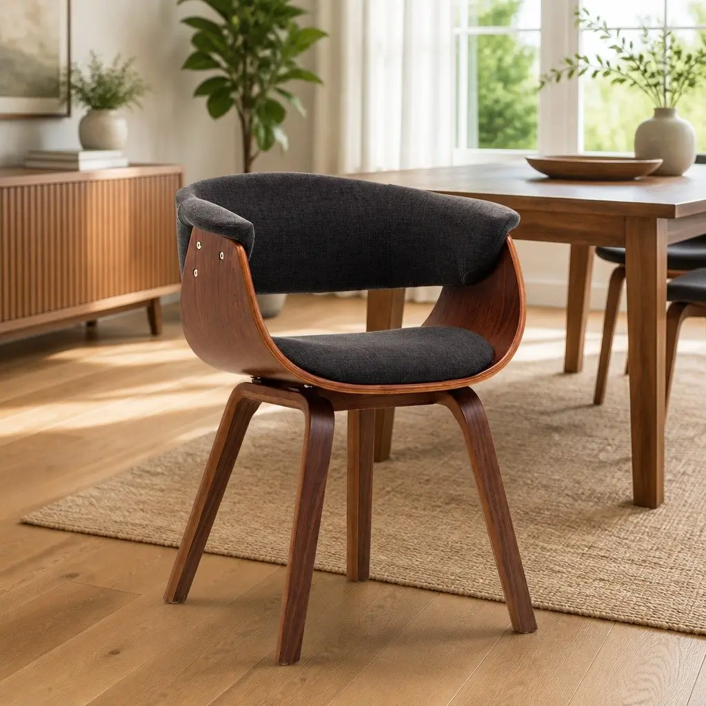 Dining Chair Grey Bent Wood Frame Fabric Upholstered Kitchen Seating Ergonomic