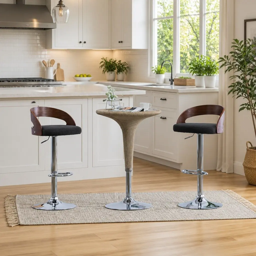 Bar Stools Height Adjustable Grey Upholstered Fabric Seats Bentwood Frame 2 Piece Set