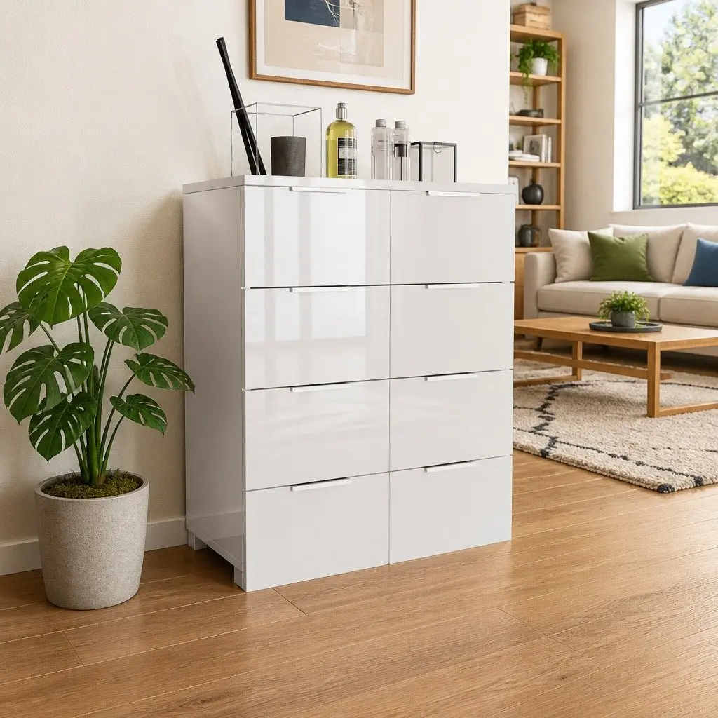 8 Drawer High Gloss White Chest of Drawers Storage Cabinet Bedroom Furniture