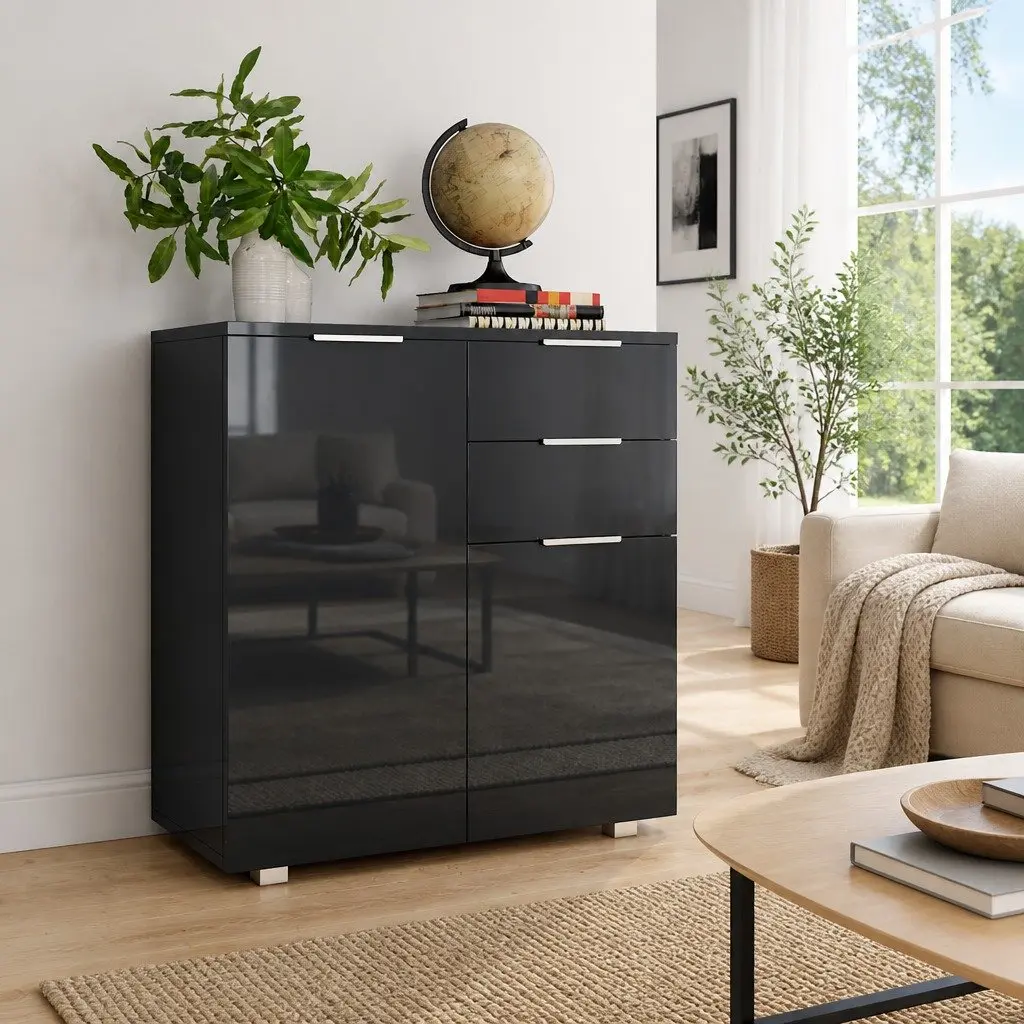 Sideboard High Gloss Black Storage Cabinet 2 Drawers 2 Doors Engineered Wood