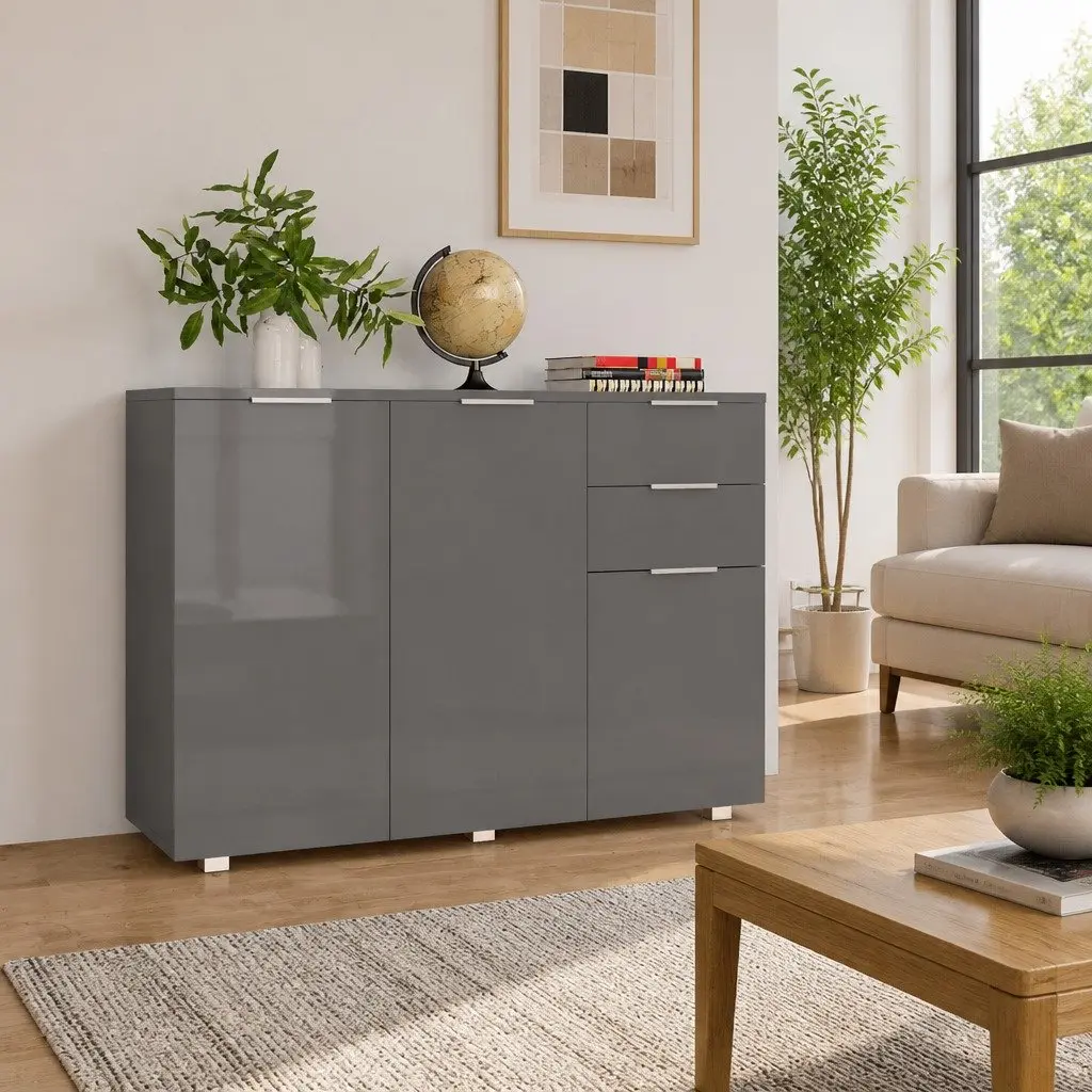 Sideboard Grey High Gloss Storage Cabinet Living Room Buffet 107 x 35 x 80.5 cm