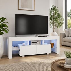 TV Cabinet Unit White High Gloss LED Lights Modern Living Room Storage Lowboard