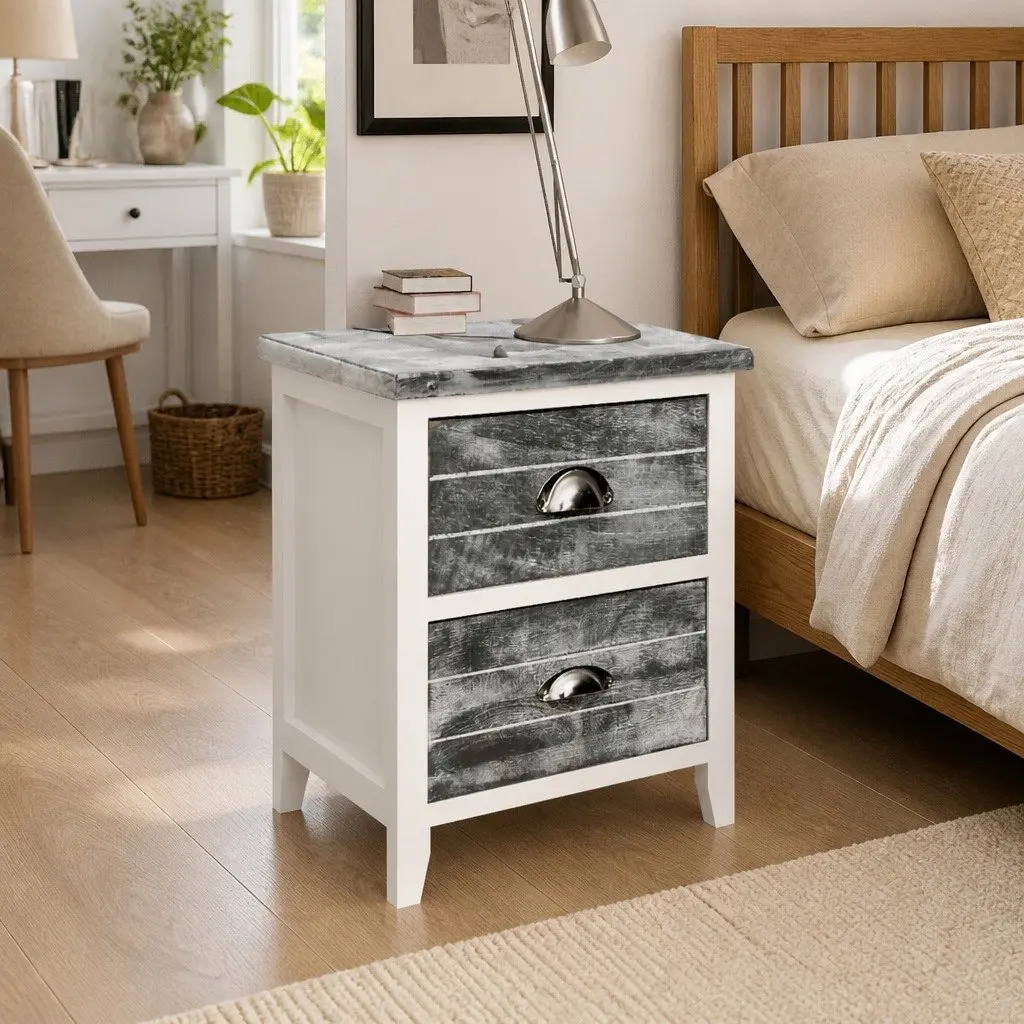 Bedside Table Nightstand Storage Cabinet 2 Drawer Grey White 38x28x45 cm