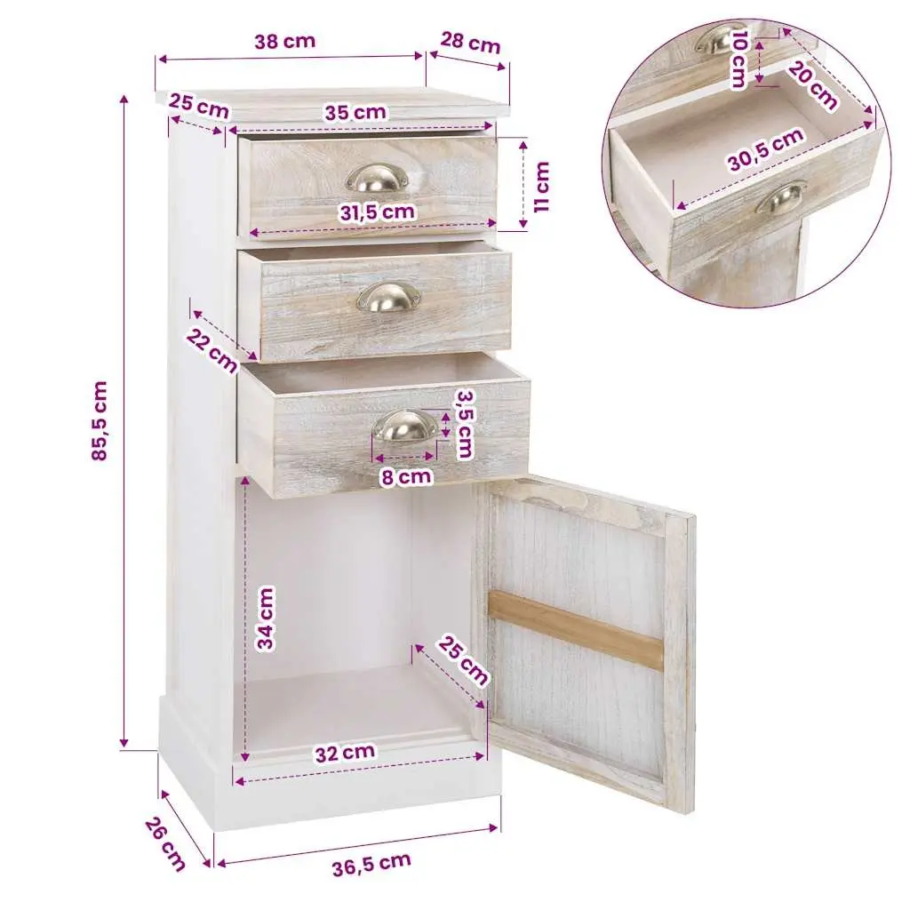 Wooden Side Cabinet Storage Furniture 3 Drawer 1 Door 38 x 28 x 86 cm White