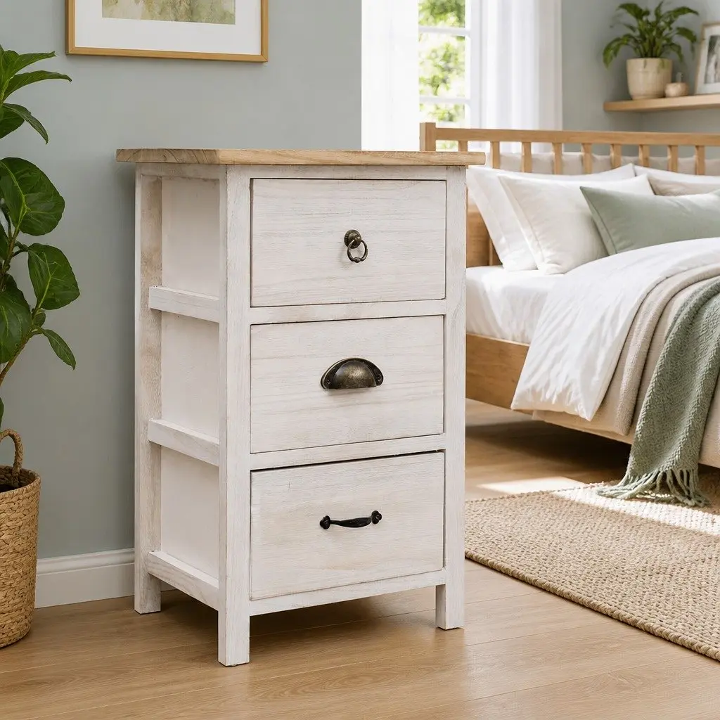 Side Cabinet Storage 35x25x57cm White Paulownia Wood 3 Drawers