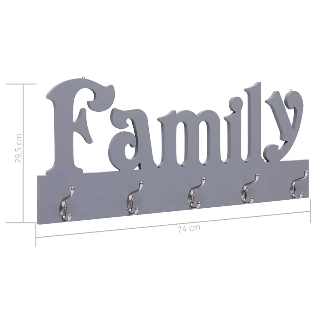 Wall Mounted Coat Rack Grey Family Cutout Design 5 Hooks Home Entryway Organizer