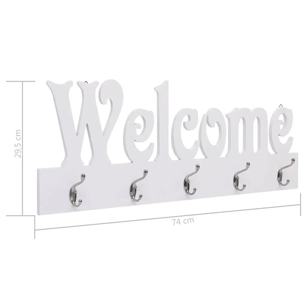 Wall Mounted Coat Rack Welcome Lettering 5 Hooks 74x29.5cm White
