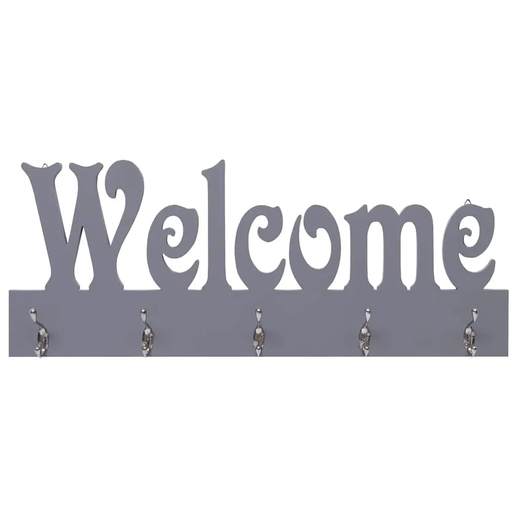 Wall Mounted Coat Rack Welcome Lettering Grey 5 Hooks