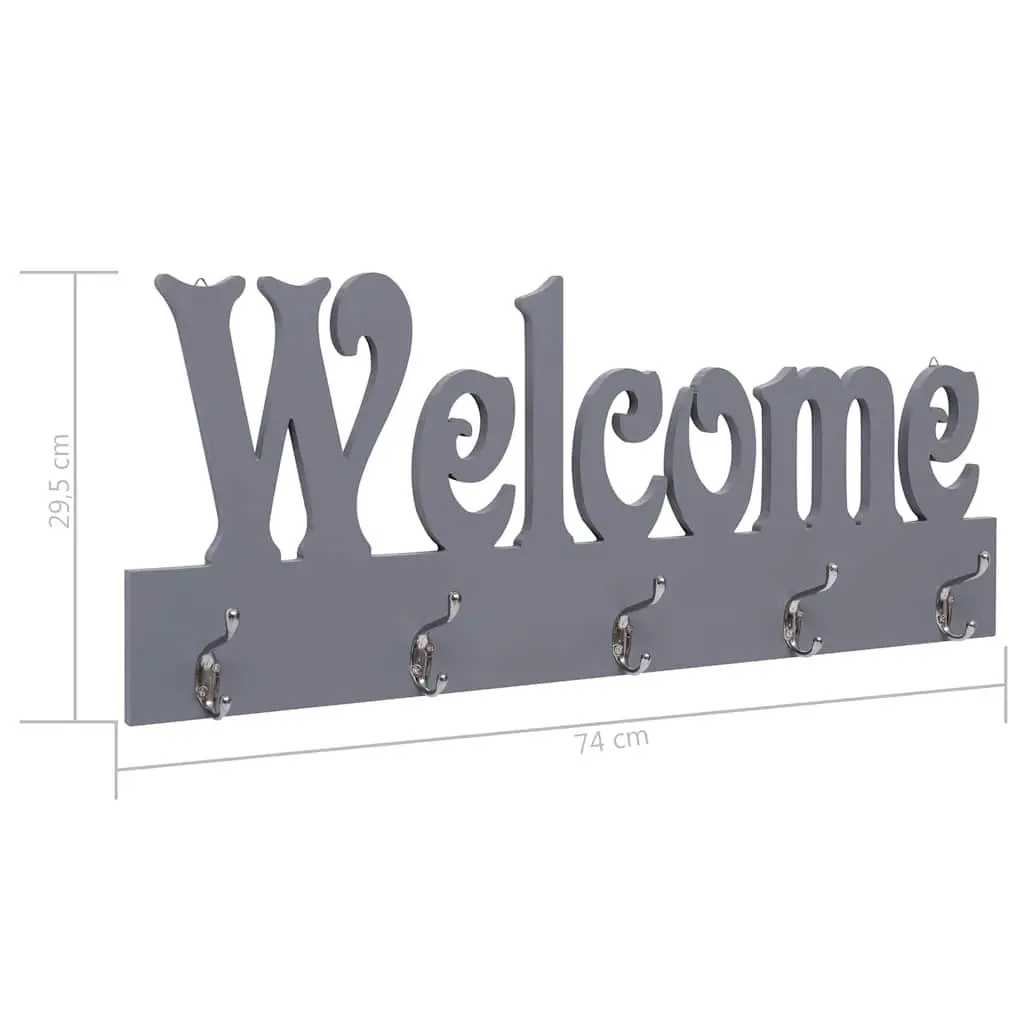 Wall Mounted Coat Rack Welcome Lettering Grey 5 Hooks