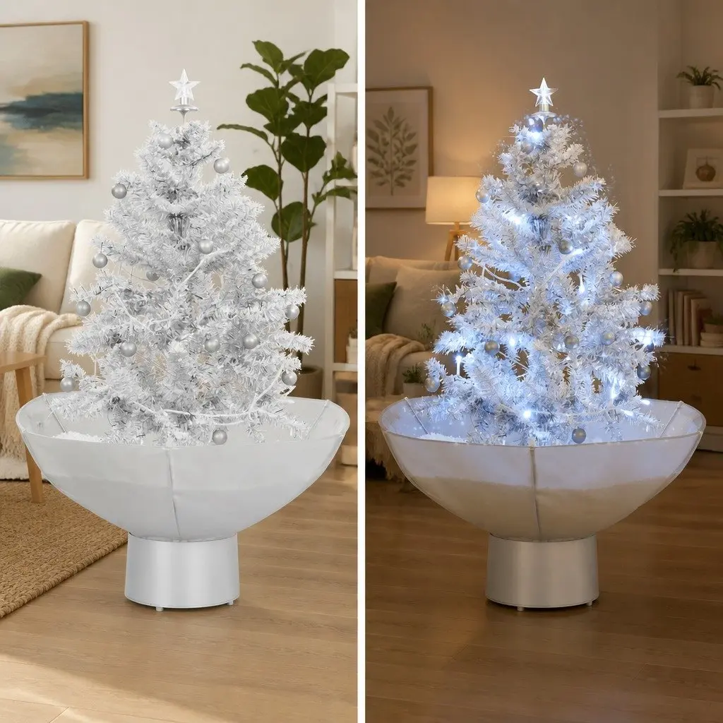 Snowing Christmas Tree 75cm White with Integrated Lights Baubles Ornaments and Umbrella Base