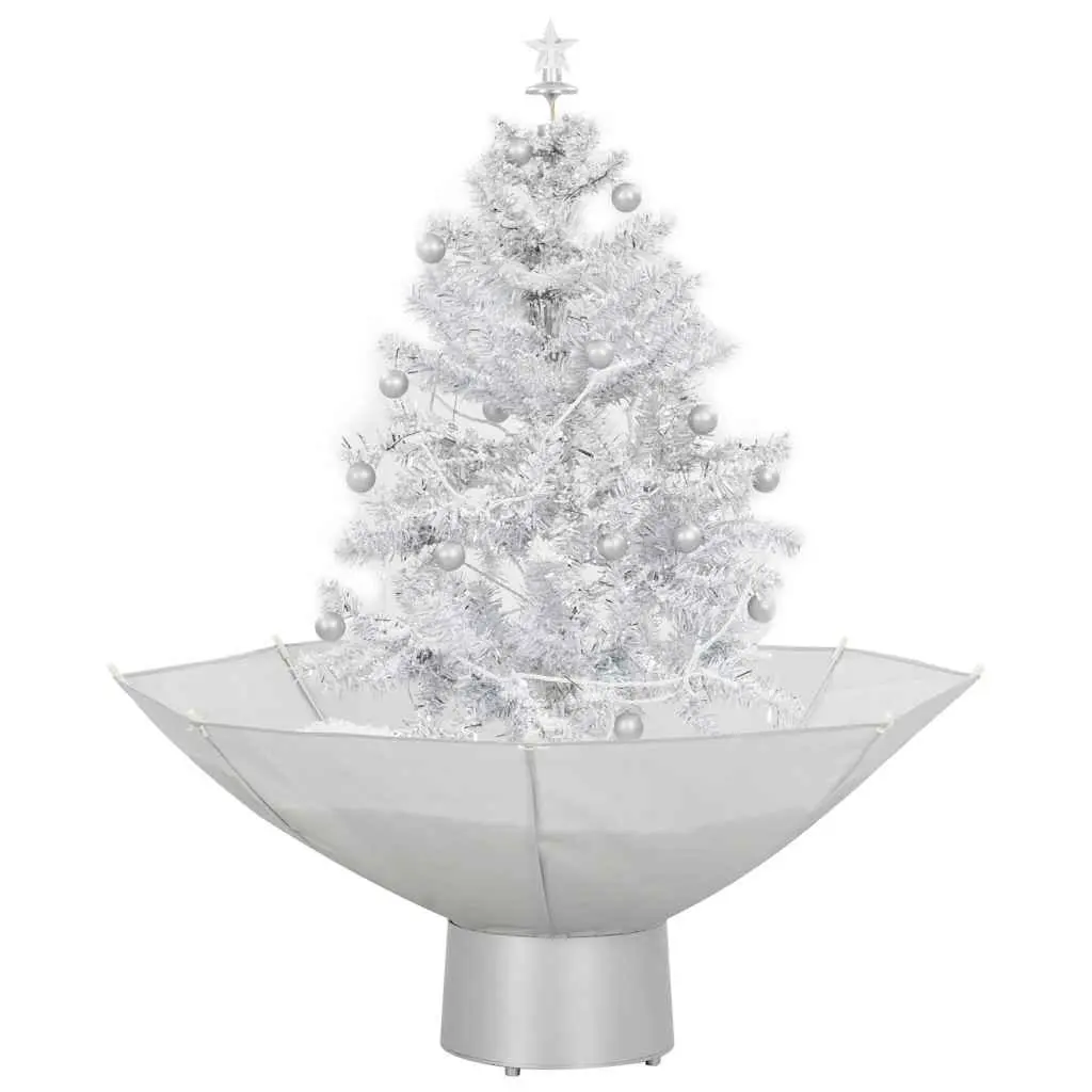 Snowing Christmas Tree 75cm White with Integrated Lights Baubles Ornaments and Umbrella Base