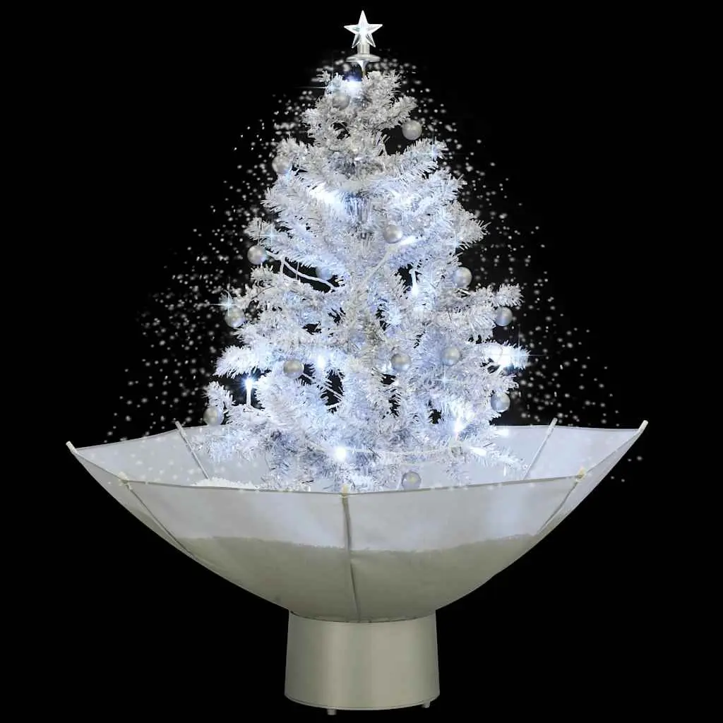 Snowing Christmas Tree 75cm White with Integrated Lights Baubles Ornaments and Umbrella Base