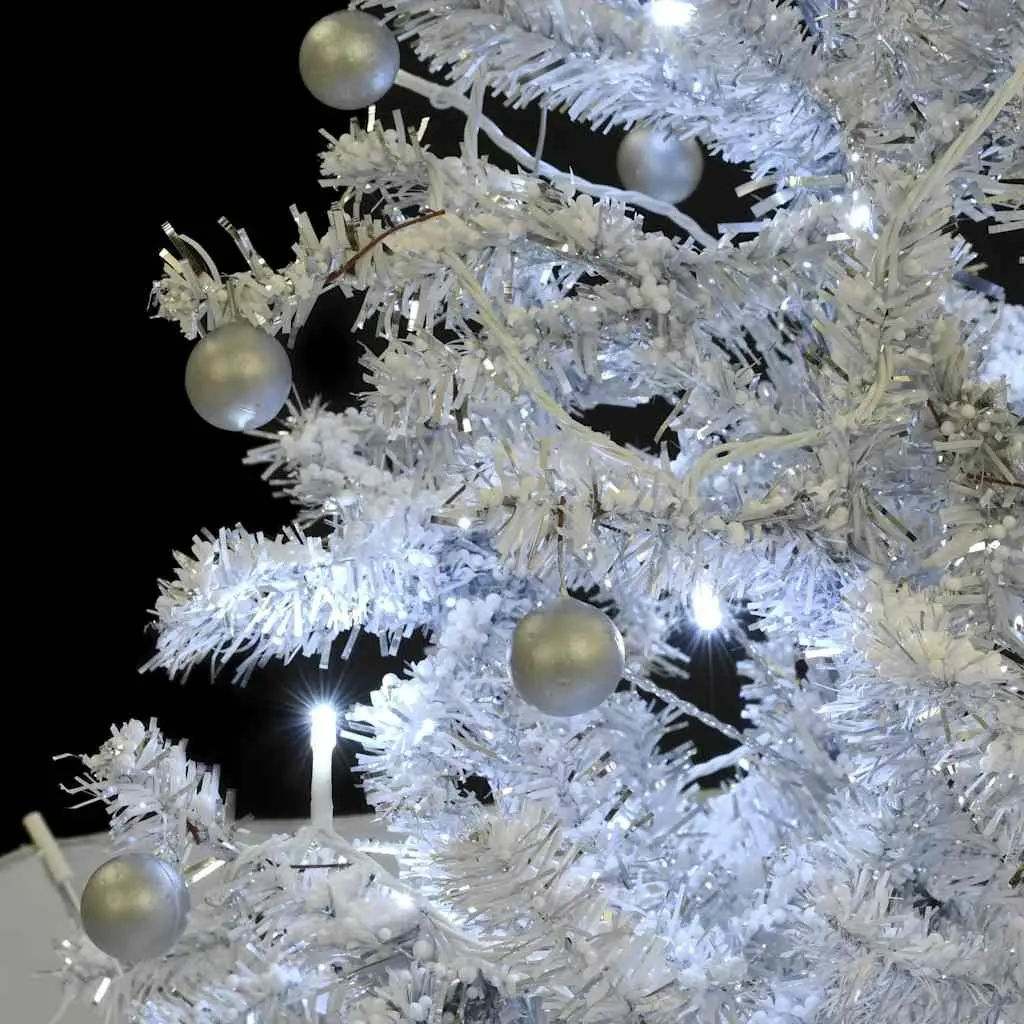 Snowing Christmas Tree 75cm White with Integrated Lights Baubles Ornaments and Umbrella Base