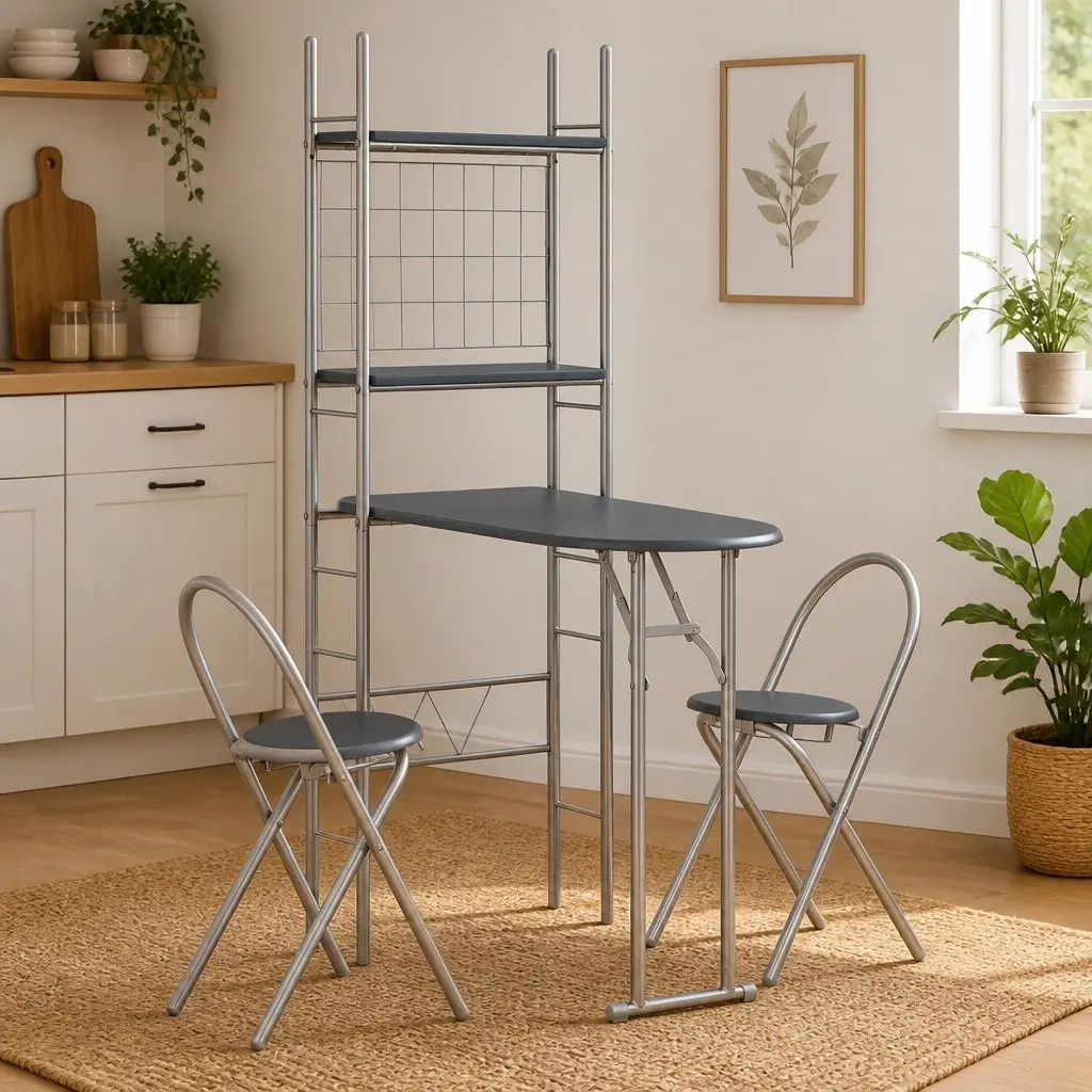 Folding Dining Set with Storage Rack Table and Chairs 3 Piece Black