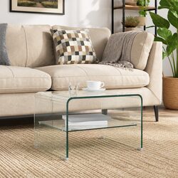 Coffee Table Minimalist Design Clear Tempered Glass Shelf Storage Living Room