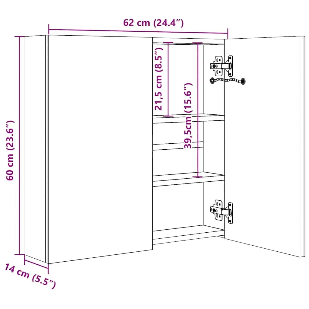 LED Bathroom Mirror Cabinet 60x14x62cm Wall Mounted Vanity Unit White Storage