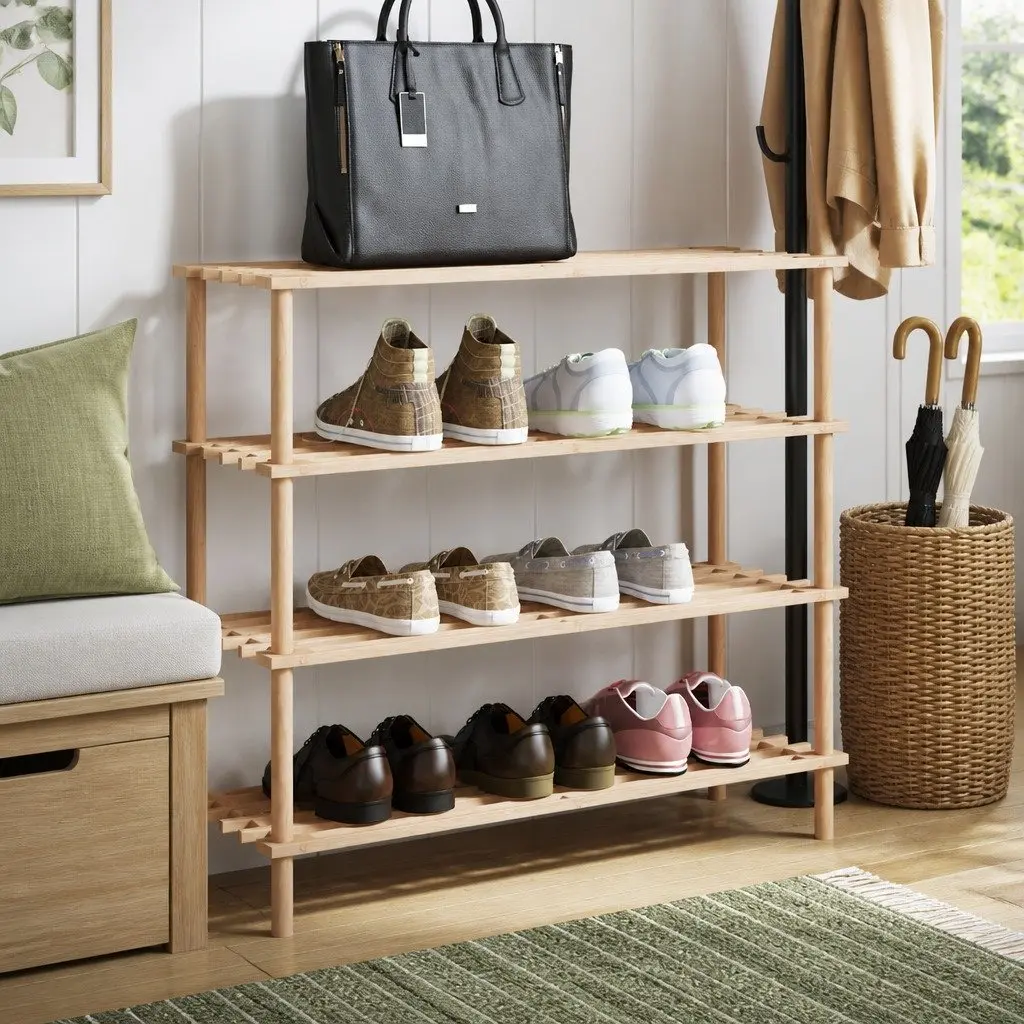 4-Tier Wooden Shoe Rack Storage Organiser Solid Fir Wood Beige