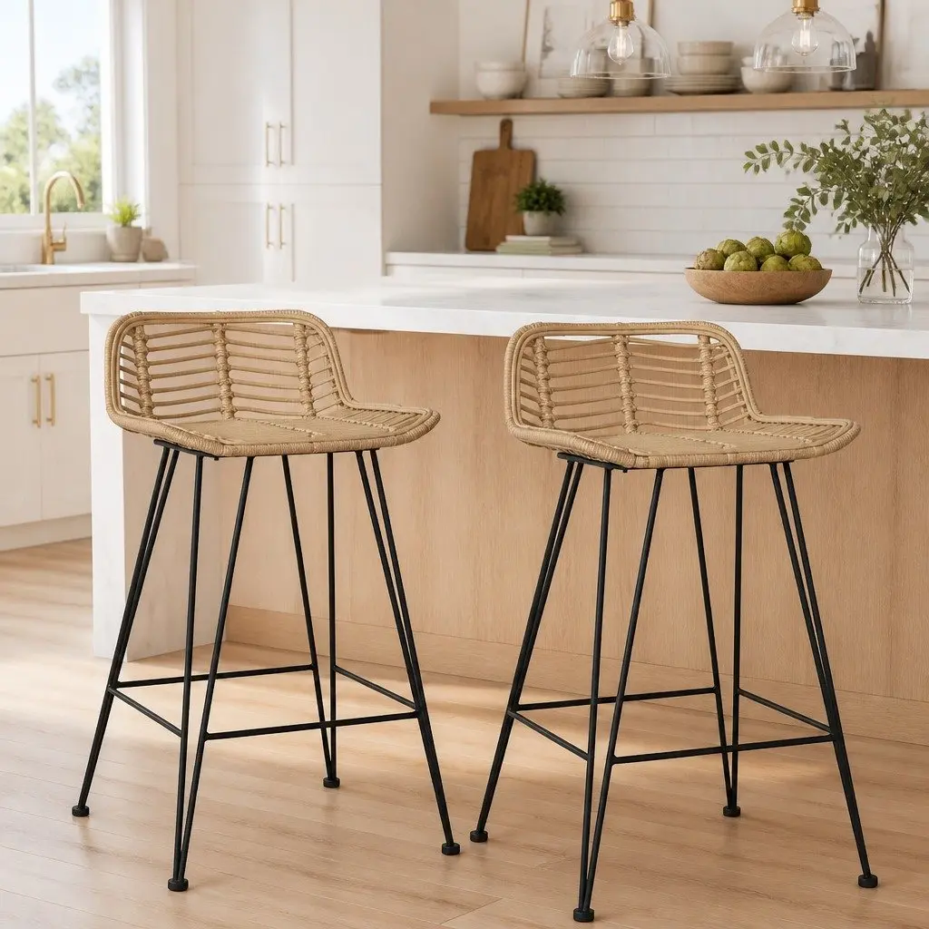 Bar Stools 2 pcs Natural Rattan Seating Backrest Brown Counter Chairs Rustic
