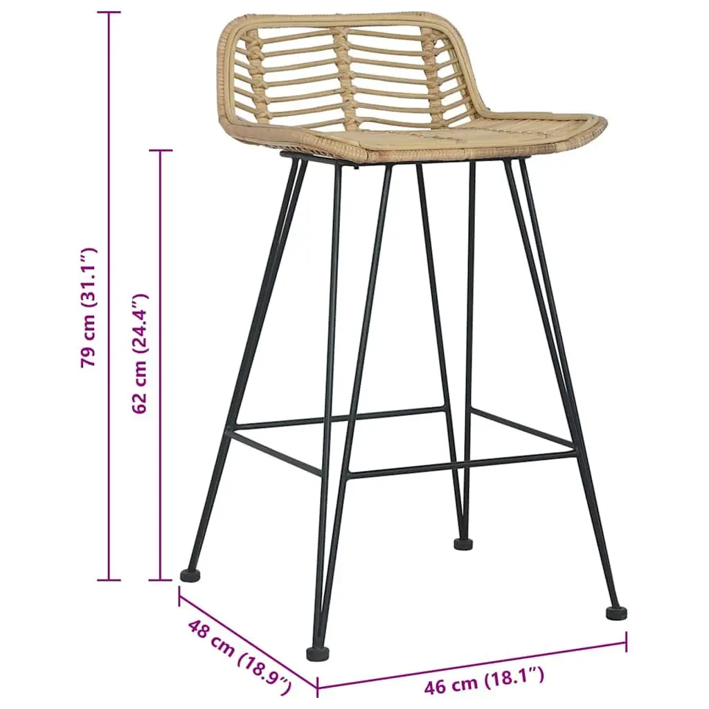 Bar Stools 2 pcs Natural Rattan Seating Backrest Brown Counter Chairs Rustic