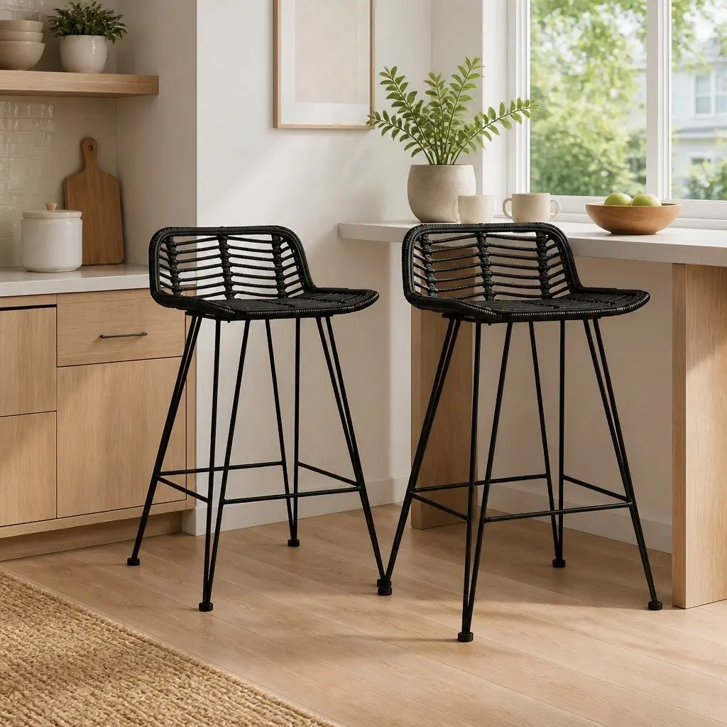 Bar Stools Rattan Seating Kitchen Counter Chairs 2 Piece Black