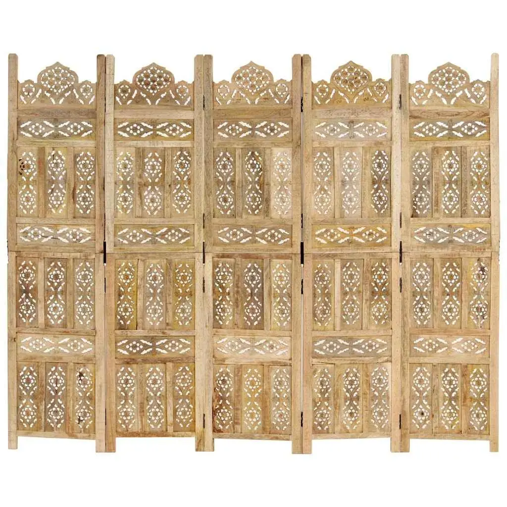 Room Divider 5-Panel Hand Carved Brown Wooden Folding Screen Privacy Partition