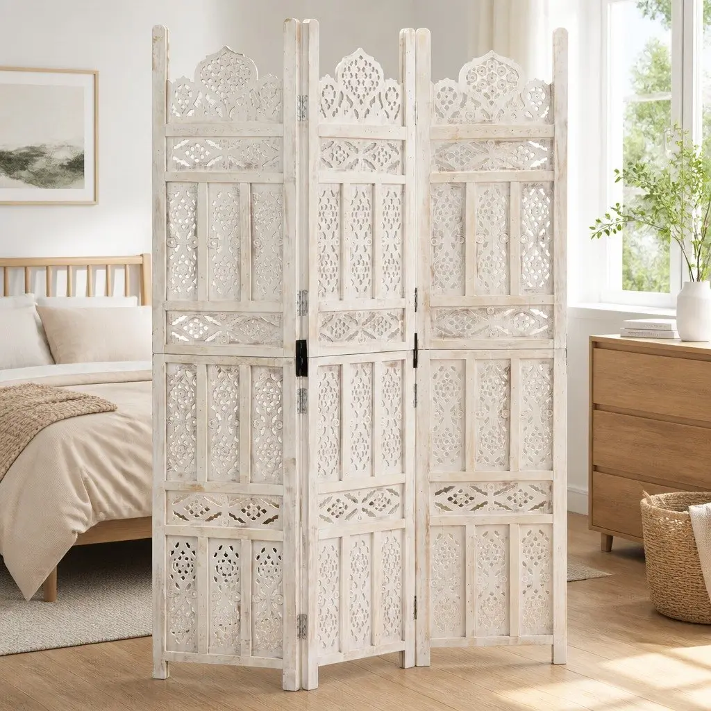 Folding Room Divider Privacy Screen Hand Carved 3-Panel 120x165 cm White