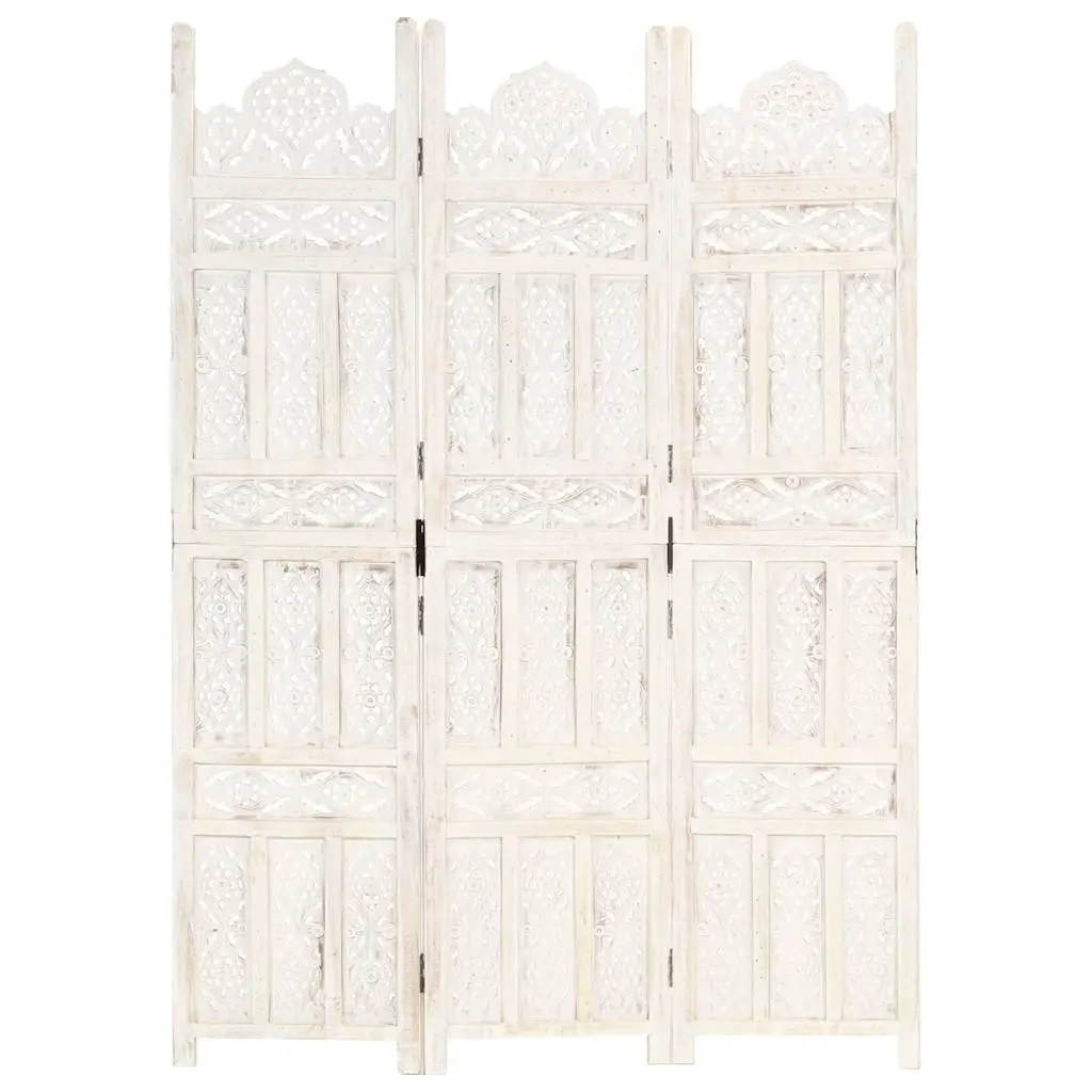 Folding Room Divider Privacy Screen Hand Carved 3-Panel 120x165 cm White