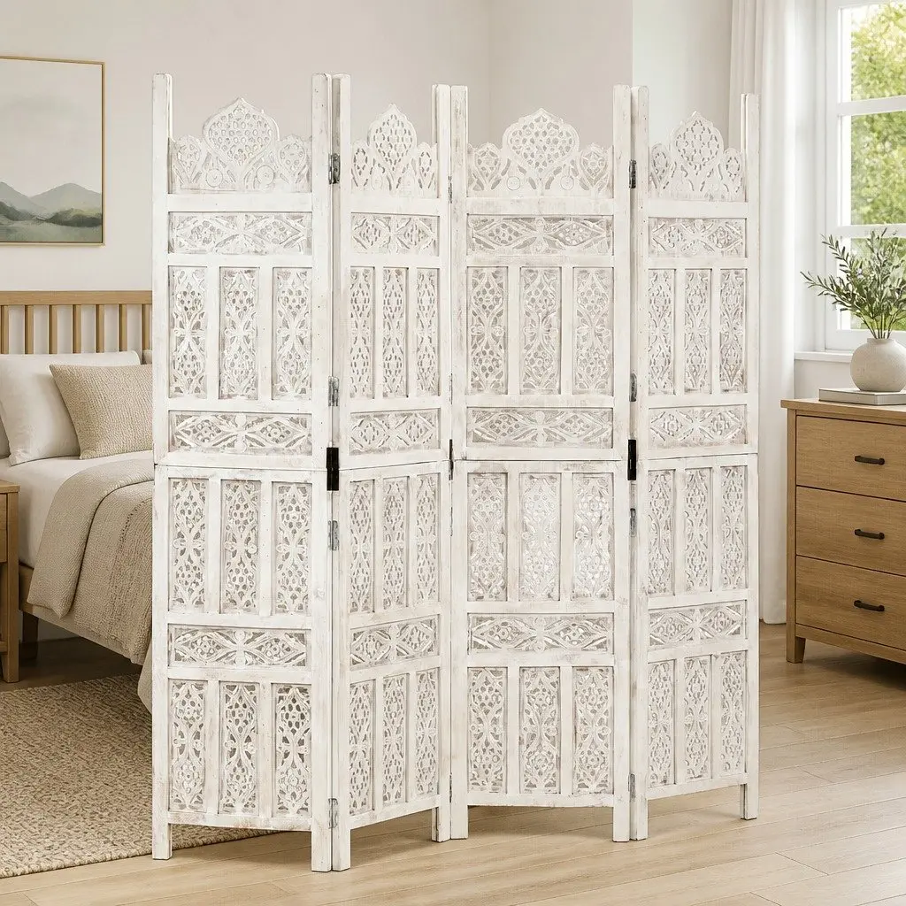 4-Panel Room Divider Hand Carved Wooden Privacy Screen Folding White 160 x 165 cm