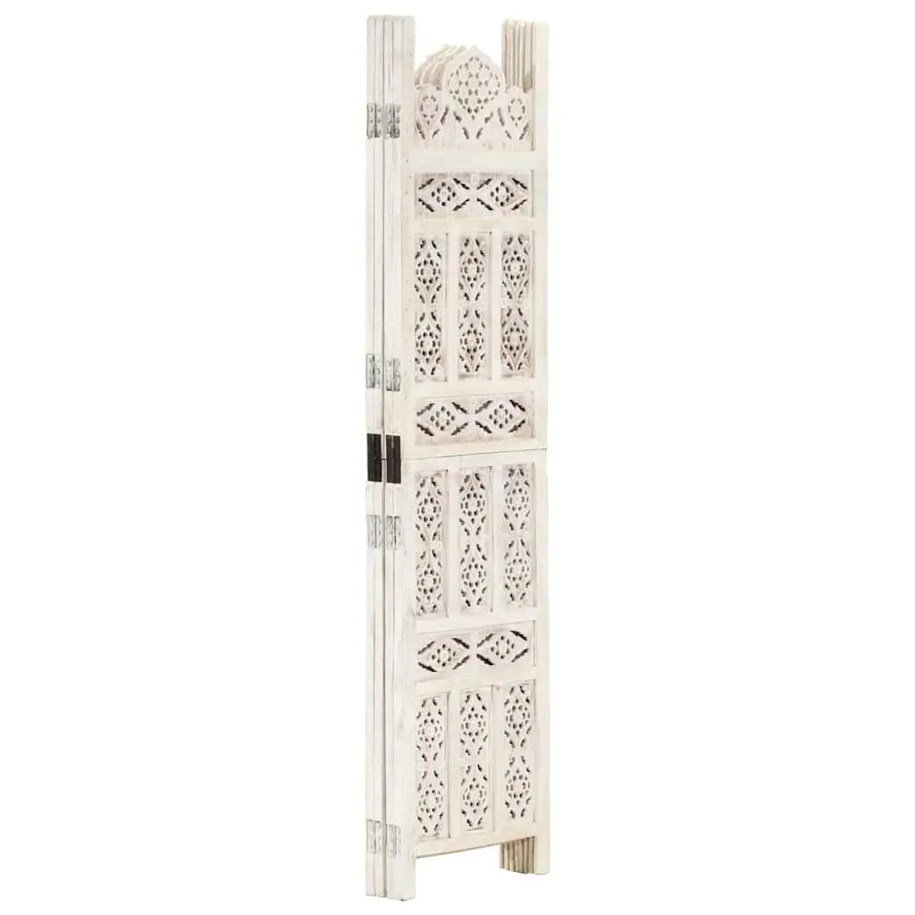 4-Panel Room Divider Hand Carved Wooden Privacy Screen Folding White 160 x 165 cm