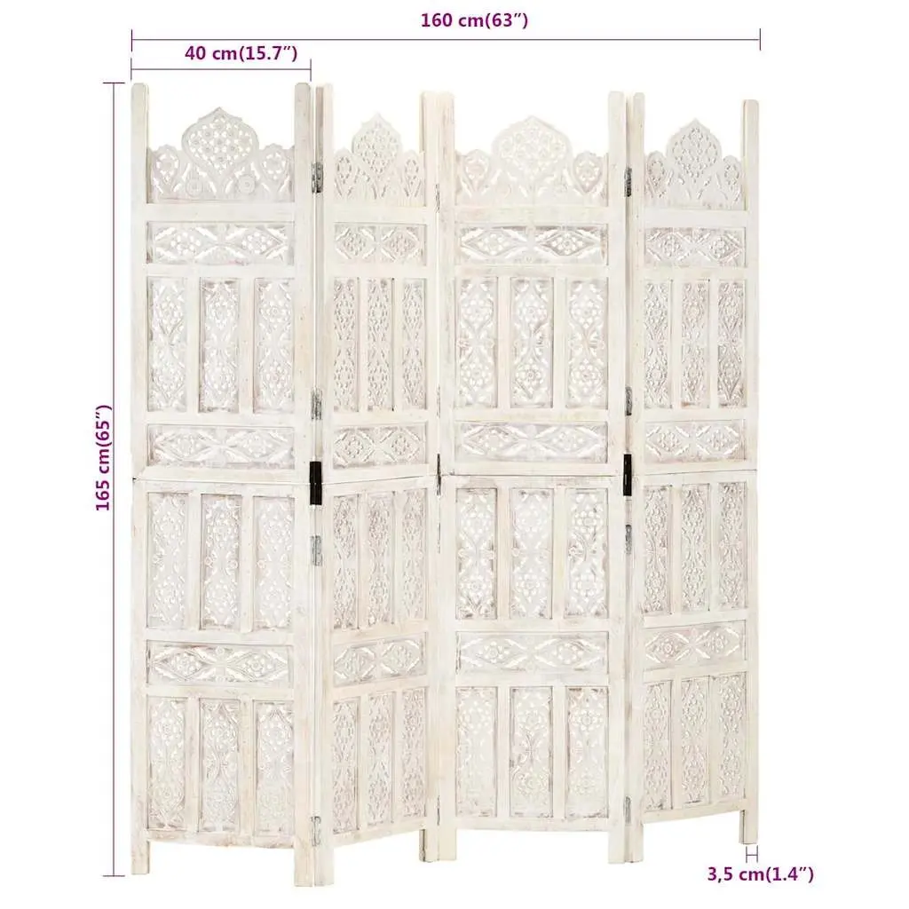 4-Panel Room Divider Hand Carved Wooden Privacy Screen Folding White 160 x 165 cm