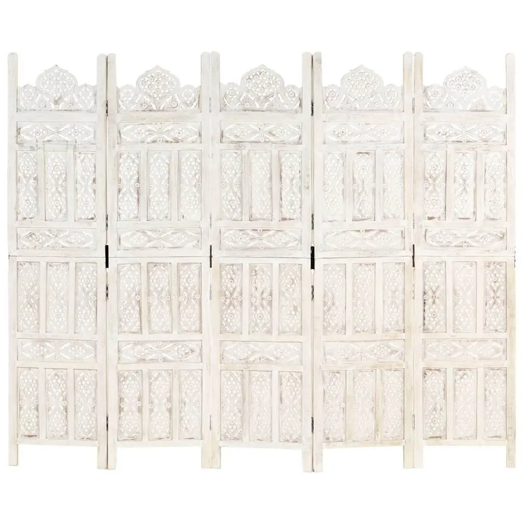 Hand Carved Room Divider Privacy Partition 5 Panel Folding Screen White