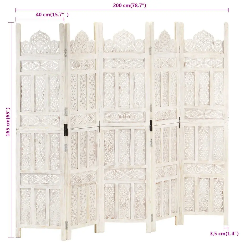 Hand Carved Room Divider Privacy Partition 5 Panel Folding Screen White