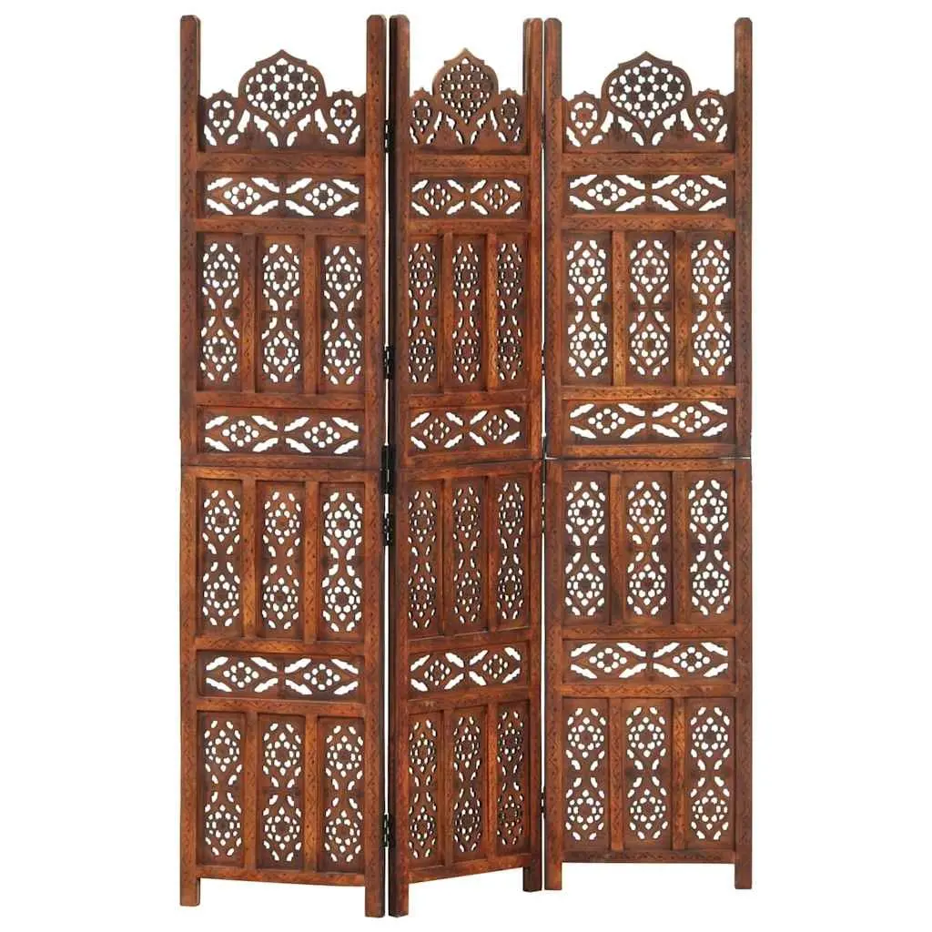 Hand Carved 3-Panel Room Divider Screen Folding Privacy Partition Brown