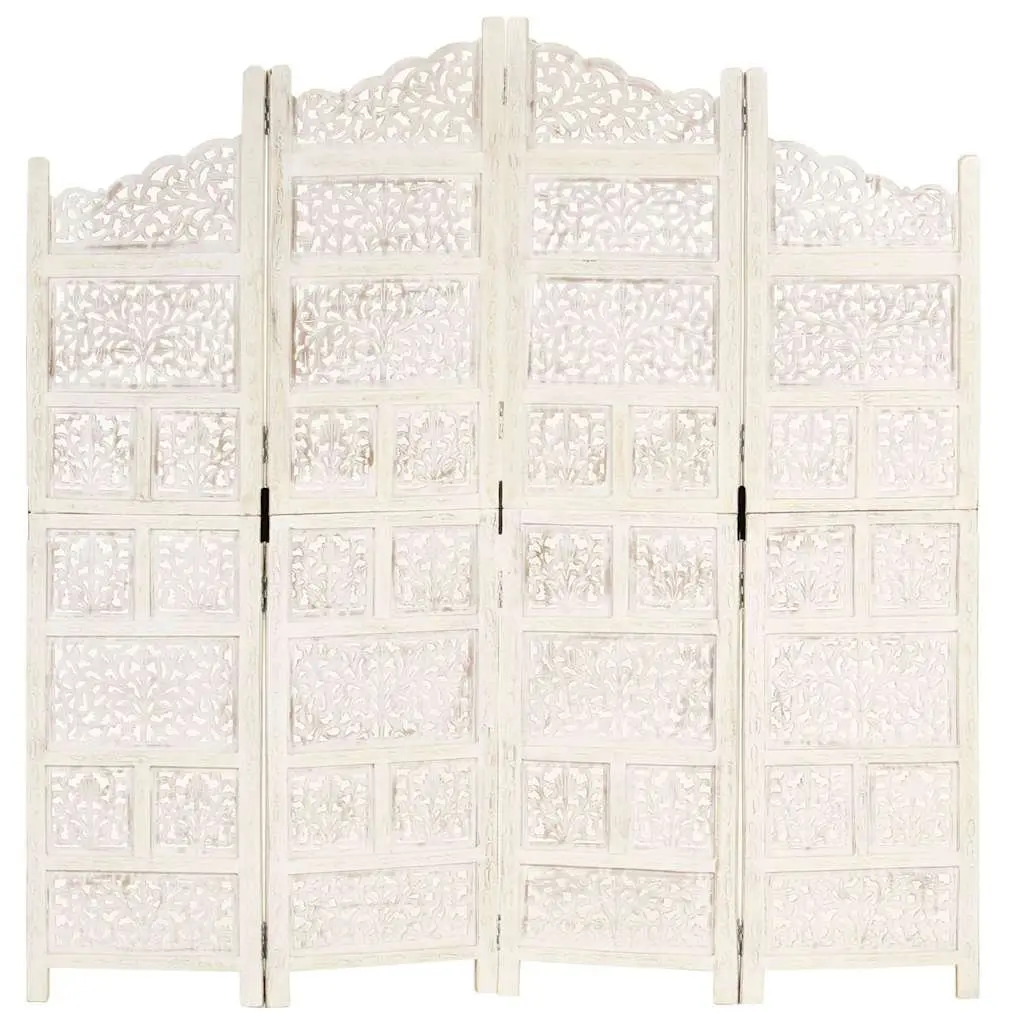 4-Panel Room Divider Folding Privacy Screen Hand Carved Wooden Partition White