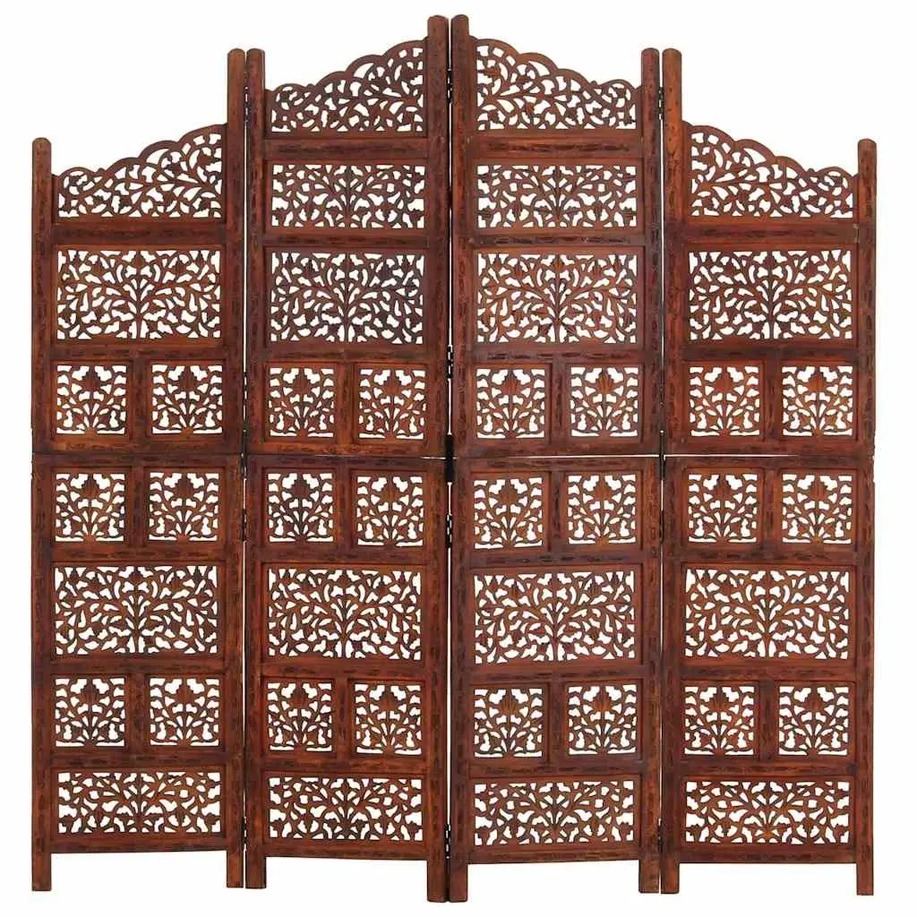 4-Panel Room Divider Folding Privacy Partition 160 x 165 cm Brown Hand Carved Wooden Screen
