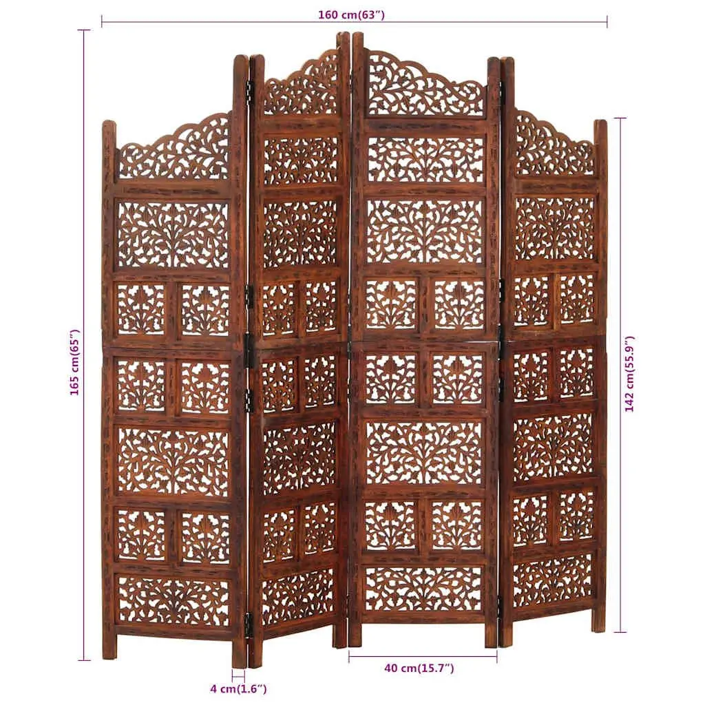 4-Panel Room Divider Folding Privacy Partition 160 x 165 cm Brown Hand Carved Wooden Screen