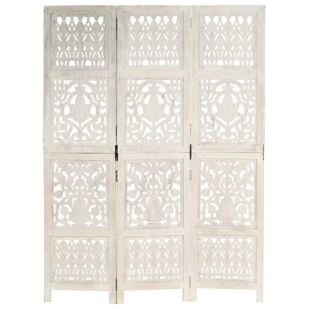 3-Panel Room Divider Hand Carved White Folding Privacy Screen